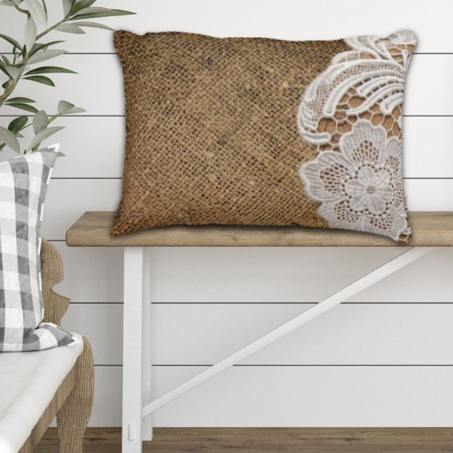 böhmischer rustikaler Western-Berg Zierkissen (bohemian rustic western country burlap and lace decorative pillow)