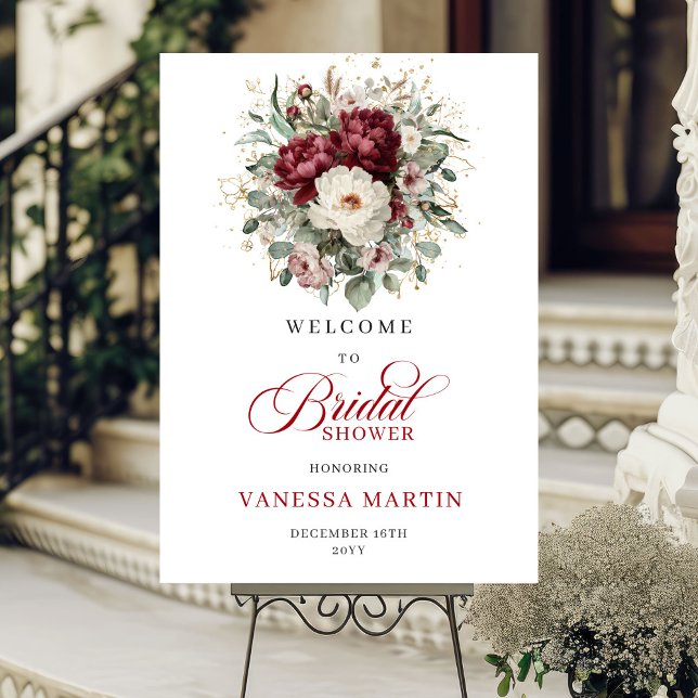 Böhmisches Burgunder Blumen Hochzeitsdusche Willko Poster (Bohemian Burgundy Floral Bridal Shower Welcome)