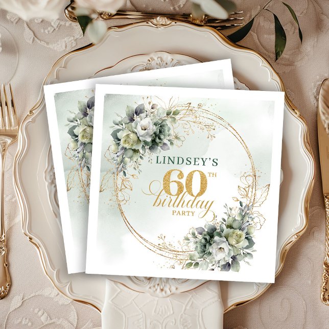 Boho 60. Geburtstag Dusty Green Eucalyptus Party   Serviette (Boho 60th Birthday Dusty Green Eucalyptus Party Napkins

)