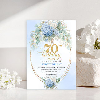 Boho 70. Geburtstag Blaue Hortensien Gold Einladun Einladung