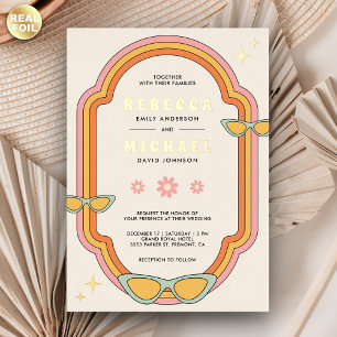 Boho 70er Retro Farbige Groovy Rahmen Wedding Gold Folieneinladung