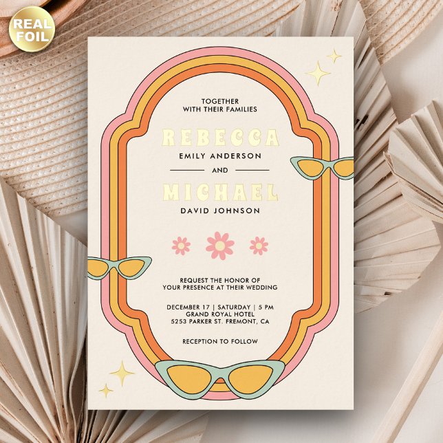 Boho 70er Retro Farbige Groovy Rahmen Wedding Gold Folieneinladung (Von Creator hochgeladen)