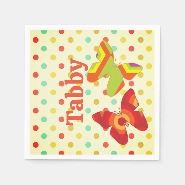 Boho 70er Stripe Polka Dot Schmetterling Orange ge Serviette (Vorderseite)