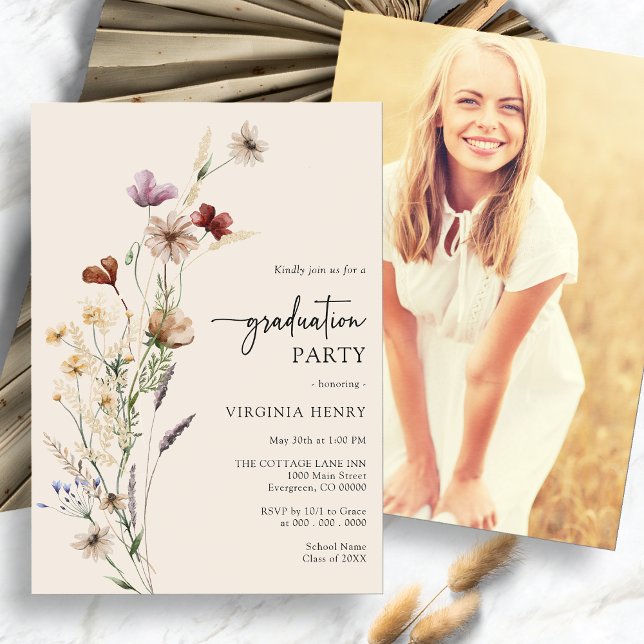 Boho-Abschlussfeier Einladung (Boho Wildflower Photo Graduation Party Invitation by Painted Paperie
)