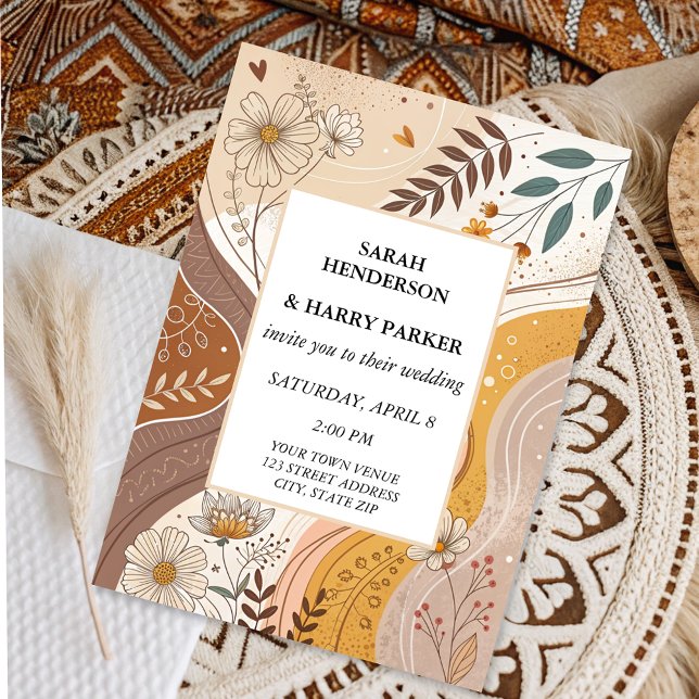 Boho Abstrakt Beige Floral Wedding Einladung (Von Creator hochgeladen)