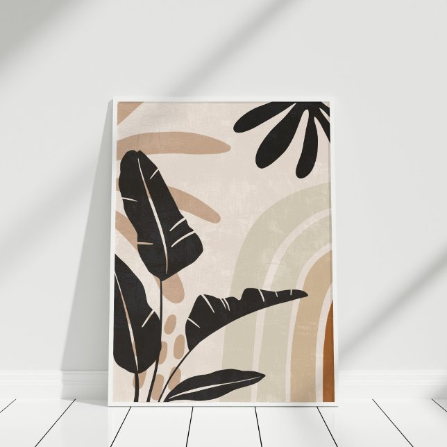 Boho Abstrakt Earth Tone Blätter und Rainbow Poste Poster (Boho Abstract Earth Tone Leaves and Rainbow Poster in a white frame.)