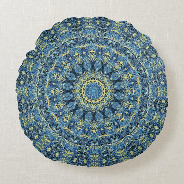 Boho Abstrakt Groovy Van Gogh Starry Night Mandala Rundes Kissen (Vorderseite)