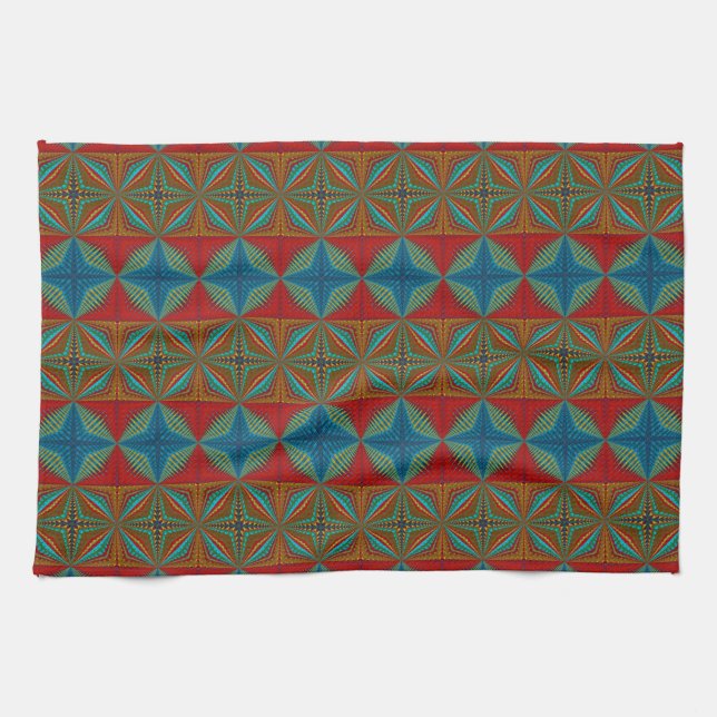 Boho Abstrakt Hippie Cool Red Blue Ethnic Trippy Geschirrtuch (Horizontal)