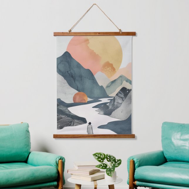 Boho Abstrakt Landschaft (2) Wandteppich Mit Holzrahmen (Wohnzimmer)