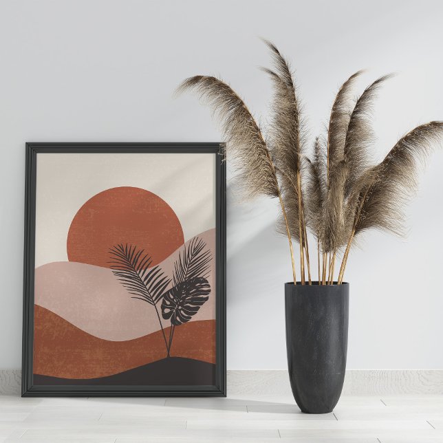 Boho Abstrakt Landschaft Sunset Poster (Boho Abstract Landscape Sunset Poster on the floor in black frame next to pampas grass)