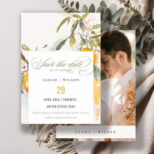 Boho Abstrakt Sketchy Orange Garden Wedding Foto Save The Date (Von Creator hochgeladen)