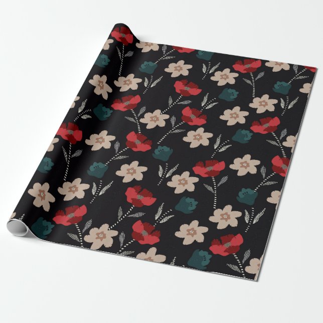 BOHO ABSTRAKTE BLUME AUF SCHWARZ GESCHENKPAPIER (Ungerollt)