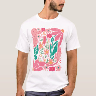 Boho Abstrakte Blume Retro Cowgirl Boots Blume T-Shirt