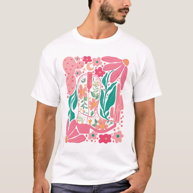 Boho Abstrakte Blume Retro Cowgirl Boots Blume T-Shirt (Vorderseite)