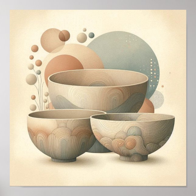Boho Abstrakte Keramik Bowls mit texturierten Laye Poster (Vorne)