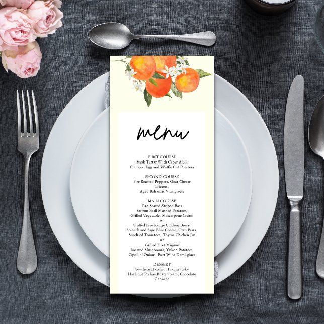 Boho Abstrakte Orange Gartenhochzeit Menükarte (Boho abstract orange wedding menu showcases your dishes with warm, artistic charm.)