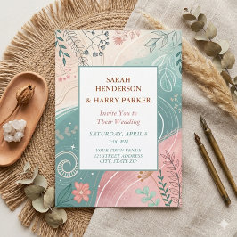 Boho Abstrakte Türkisfarbene Florale Hochzeit Einladung