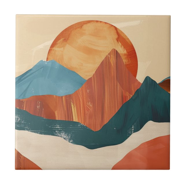 Boho abstraktes Berglandschaft mit Sonne Fliese (Vorderseite)