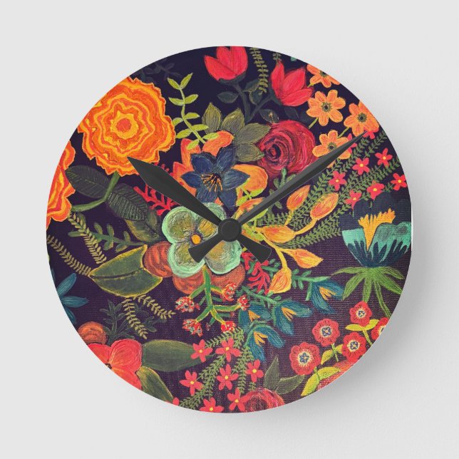 Boho-Acrylgemälde Florales Design Runde Wanduhr (Vorderseite)