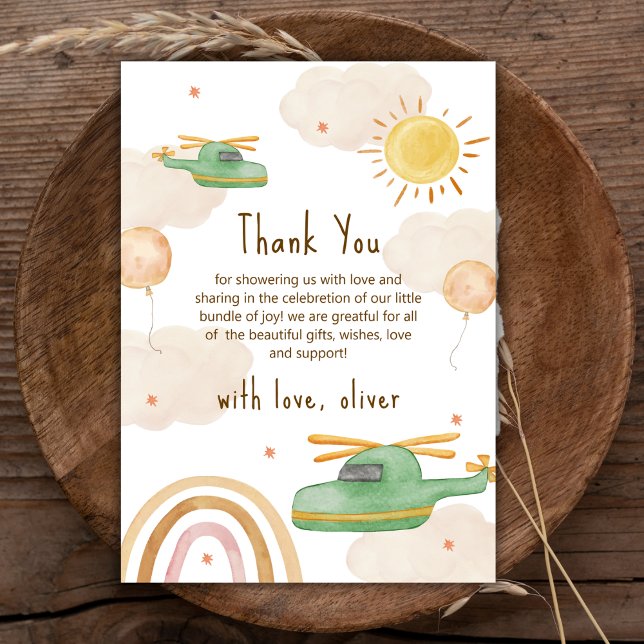 Boho Adventure Helicopter Airplane Baby Shower Dankeskarte (Boho Adventure Helicopter Airplane Baby Shower Thank You Card)
