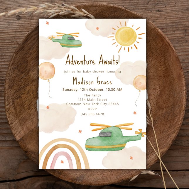 Boho Adventure Helicopter Airplane Babydusche Einladung (Boho Adventure Helicopter Airplane Baby Shower Invitation)