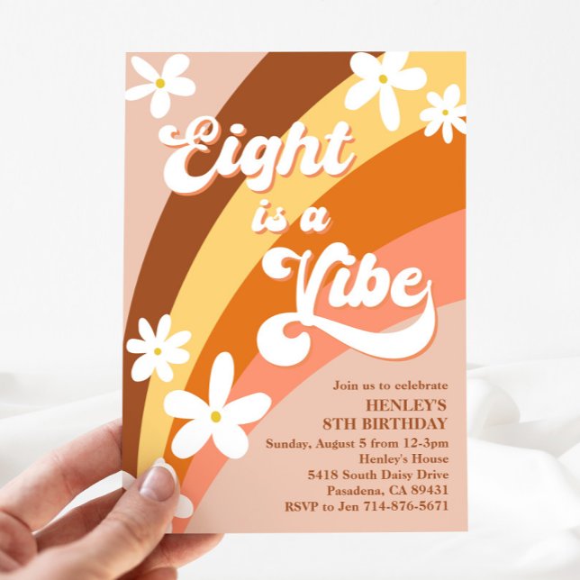 Boho Aight ist ein Vibe Retro Daisies Rainbow Einladung (Von Creator hochgeladen)