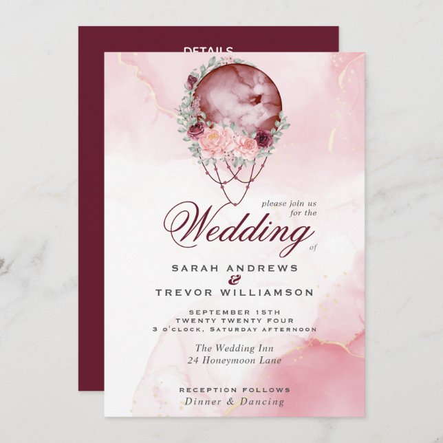 Boho All in One Wedding Pink Maroon Moon Einladung (Vorne/Hinten)