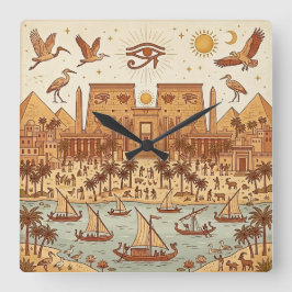 Boho-Altägyptische Stadtillustration-Terrakotta Quadratische Wanduhr