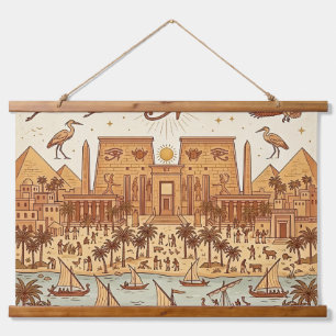 Boho-Altägyptische Stadtillustration-Terrakotta Wandteppich Mit Holzrahmen