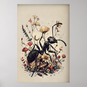 Boho-Ameisen-Blumenprint, Vintage-Cottagecore-Wand Poster