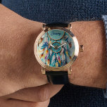 Boho Amerikanische Ureinwohner Dream Catcher, Aqua Armbanduhr<br><div class="desc">Diese Uhr zeigt einen amerikanischen Traumfänger mit schönen Federn in Pastellfarben. Wasserfarbe,  digitale Kunst. Ein großartiges,  personalisierbares Geschenk für jeden Mann!</div>
