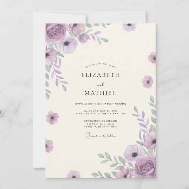 Boho Amethyst Wildflower-Hochzeit Einladung (Vorderseite)