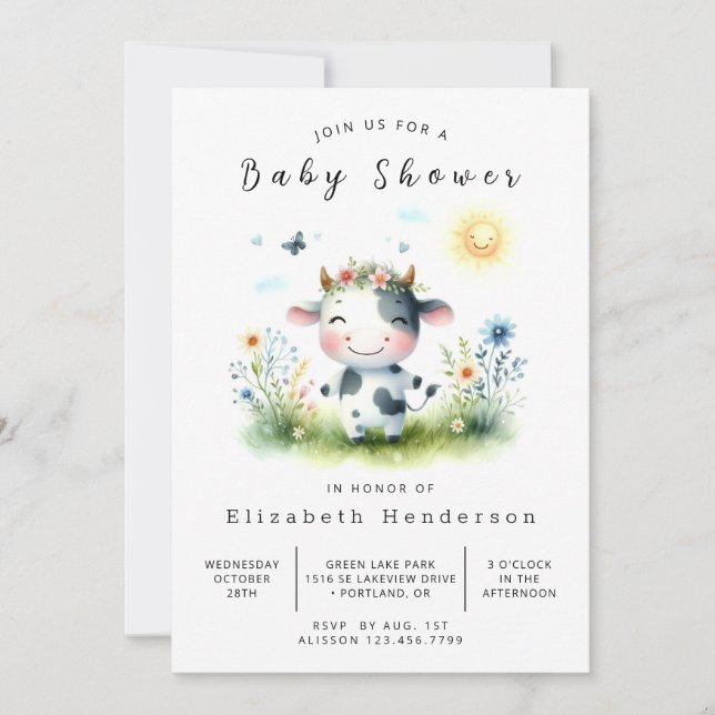 Boho Animal Fun Cow Baby Dusche Einladung (Vorderseite)