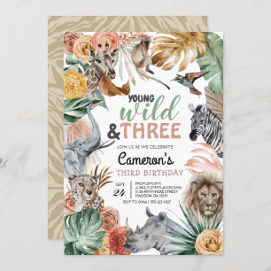 Boho Animal Safari Wild und Three Birthday Einladung