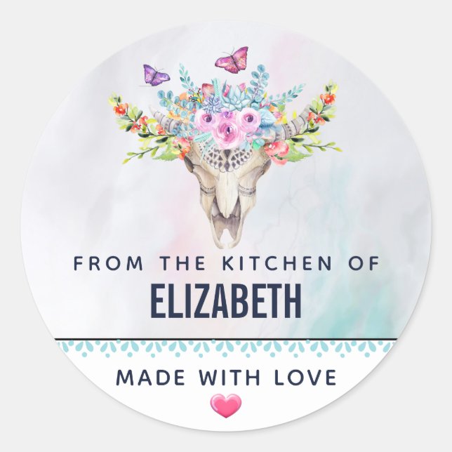 Boho Animal Skull mit Schmetterlingen Küche Runder Aufkleber (Vorderseite)