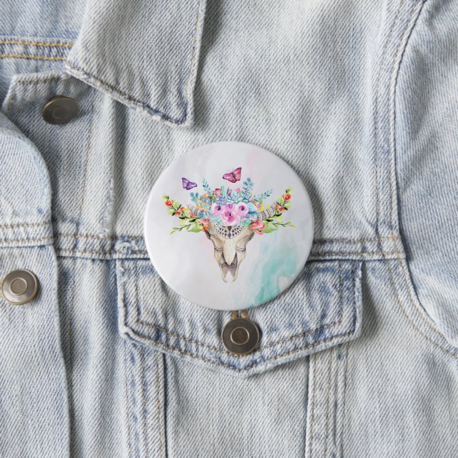 Boho Animal Skull mit Schmetterlingen und Blume Button (Beispiel)