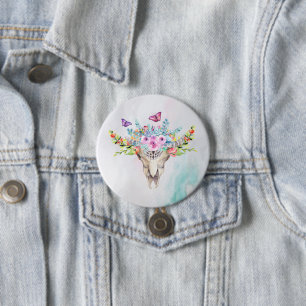 Boho Animal Skull mit Schmetterlingen und Blume Button