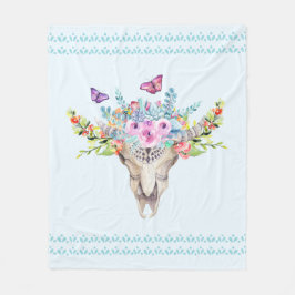 Boho Animal Skull mit Schmetterlingen und Blume Fleecedecke
