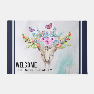 Boho Animal Skull mit Schmetterlingen und Blume Fußmatte