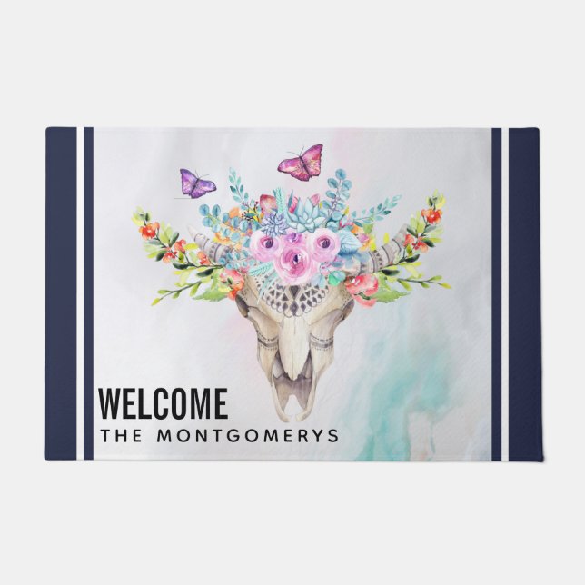 Boho Animal Skull mit Schmetterlingen und Blume Fußmatte (Vorderseite)