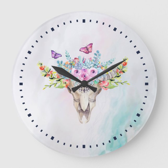 Boho Animal Skull mit Schmetterlingen und Blume Große Wanduhr (Vorderseite)