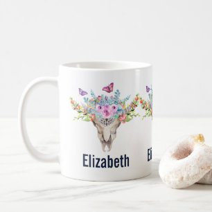 Boho Animal Skull mit Schmetterlingen und Blume Kaffeetasse