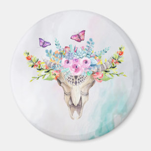 Boho Animal Skull mit Schmetterlingen und Blume Magnet
