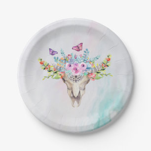 Boho Animal Skull mit Schmetterlingen und Blume Pappteller