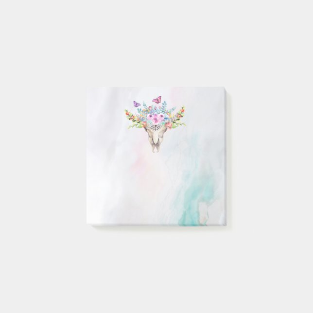 Boho Animal Skull mit Schmetterlingen und Blume Post-it Klebezettel (Vorderseite)