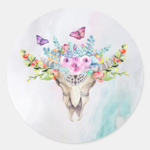 Boho Animal Skull mit Schmetterlingen und Blume Runder Aufkleber