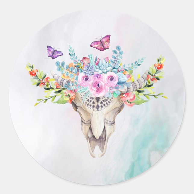 Boho Animal Skull mit Schmetterlingen und Blume Runder Aufkleber (Vorderseite)