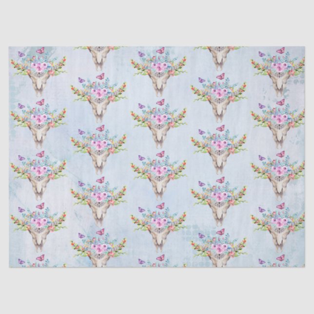 Boho Animal Skull mit Schmetterlingen und Blume Seidenpapier (Vorderseite)