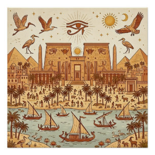 Boho-Antikes-Ägypten-Stadt-Illustration-Terrakotta Poster