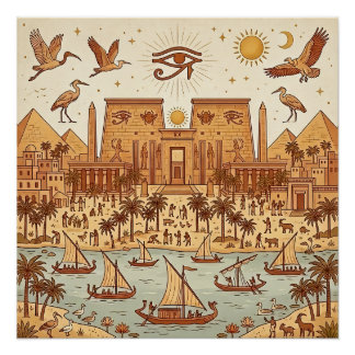 Boho-Antikes-Ägypten-Stadt-Illustration-Terrakotta Poster